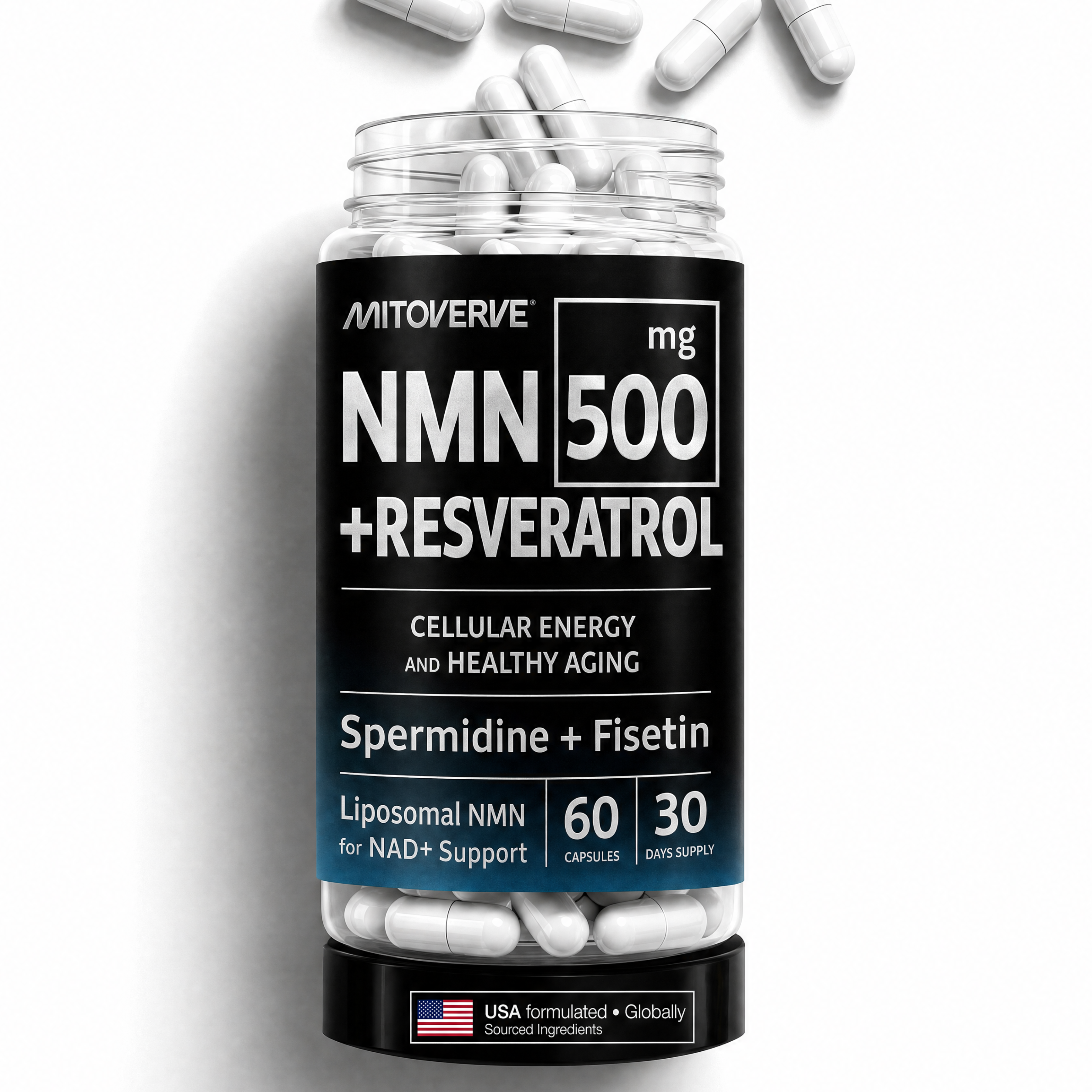 Liposomal NMN Supplement with Resveratrol, Spermidine & Fisetin - 4-in-1 NAD+ Booster for Cellular Energy, Anti Aging & Longevity - NAD+ Support for Men & Women, 60 Capsules, 30 Day Supply