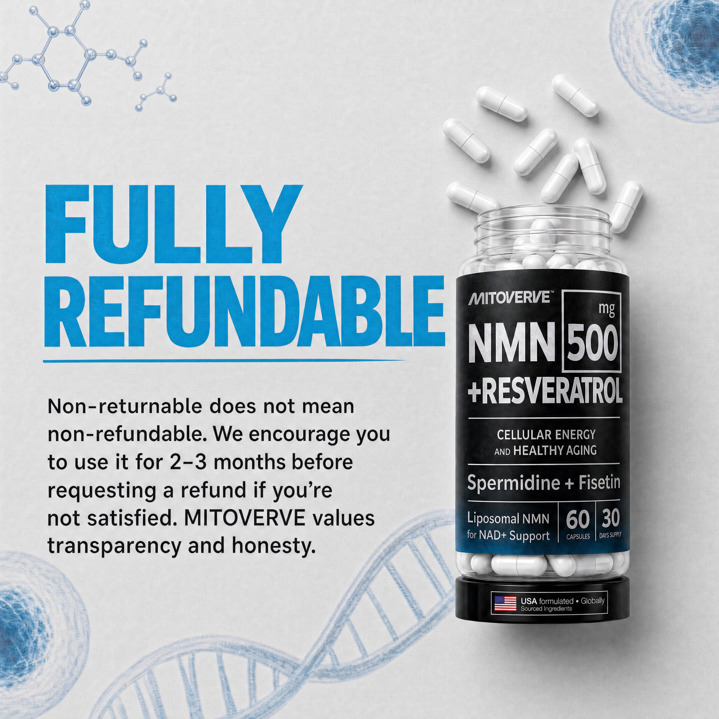 Liposomal NMN Supplement with Resveratrol, Spermidine & Fisetin - 4-in-1 NAD+ Booster for Cellular Energy, Anti Aging & Longevity - NAD+ Support for Men & Women, 60 Capsules, 30 Day Supply